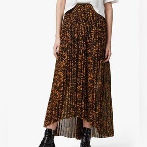 AllSaints Cora Ambient Pleated Cheetah Print Hi Low Maxi Skirt, US 10